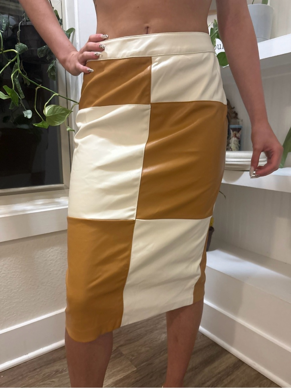 New York & Company Cream and Tan Colorblock Pencil Skirt